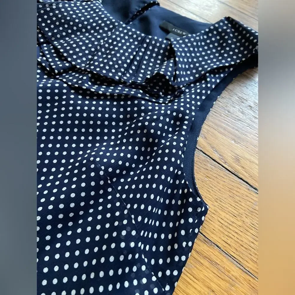 JCREW Navy Blue Polka Dotted Sleeveless Ruffle Collar Silk Blouse sz 0